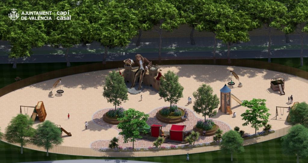  Una escultura de Gulliver sentado, de 8,3 metros de altura, presidirá el nuevo parque infantil en la zona norte del Jardín del Túria