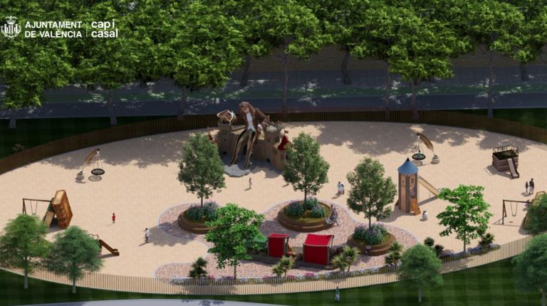 Una escultura de Gulliver sentado, de 8,3 metros de altura, presidirá el nuevo parque infantil en la zona norte del Jardín del Túria